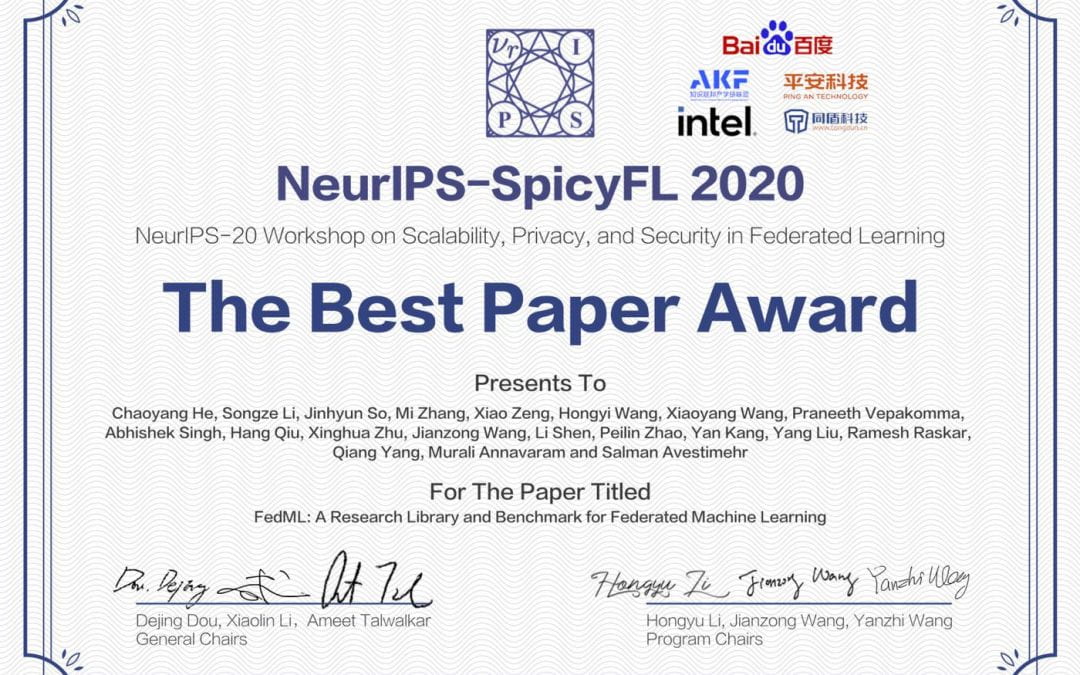 Baidu Best Paper Award at NeurIPS-SpicyFL 2020